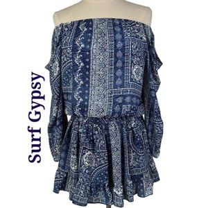 ❣️HP❣️NWT Surf Gypsy Blue White Cold Shoulder Floral Ruffle Mini Dress. Sz: S